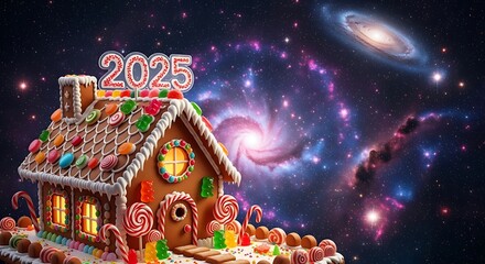A gingerbread house with 2025 on top against a galaxy background with candy decorations all around it