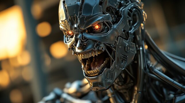 Robot with glowing eyes close up