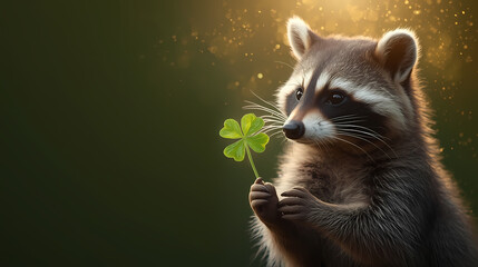 Raccoon holding a lucky four-leaf clover for St. Patrick's Day