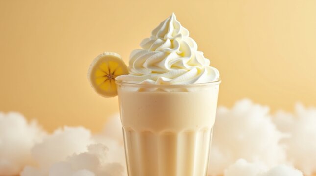 Batido de banana coronado con crema batida y rodajas de banana, nube cremosa en vaso