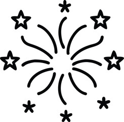 Simple black line art of a sparkler firework burst with stars, a celebratory event, a festive explosion, and an abstract design element. Perfect for designs related to parties, holidays, events.