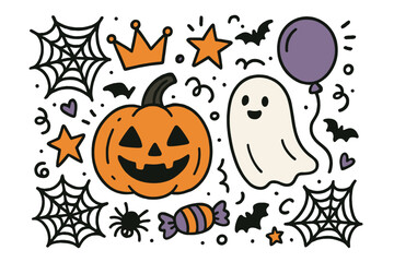 Halloween Doodle Fun. Halloween fair illustration doodle style: hand drawn jack-o-lantern with smile, ghost, crown, star, balloon,