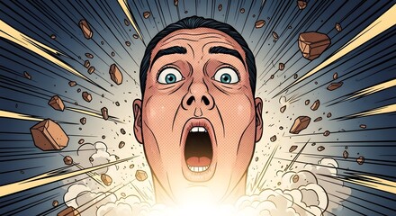 Overwhelmed Man Amidst Explosion Shock, Fear, and Chaos Illustration
