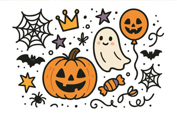 Halloween Doodle Fun. Halloween fair illustration doodle style: hand drawn jack-o-lantern with smile, ghost, crown, star, balloon,
