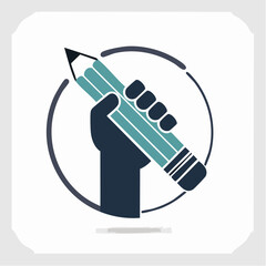 Hand holding a pencil in a circle, logo design for writing or education.