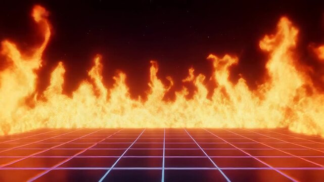 Retro neon grid burning with orange fire