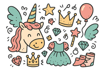 Fantasy Fan Fair. Fantasy fan fair illustration doodle style: hand drawn unicorn horn with smile, crown, star, balloon, costumes,