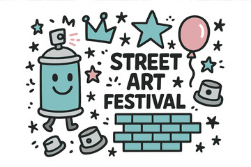 Naklejka premium Spray Can Doodle. Street art festival illustration doodle style: hand drawn spray can with smile, crown, star, balloon, graffiti