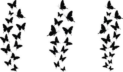  Dynamic black silhouettes of butterflies in flight, forming graceful ascending patterns, symbolizing freedom, transformation, and natural beauty, ideal for abstract and decorative designs