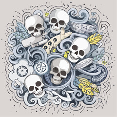 A whimsical doodle art composition featuring multiple skulls, a peace sign, and various abstract elements.