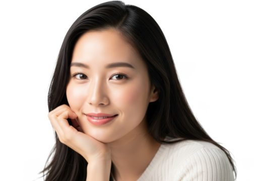 Young asian woman with long dark hair smiling gently with hand resting on chin isolated on transparent background