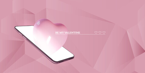 Phone Valentine day mockup with glossy heart and romantic message for dating app or greeting design. Pink geometric background, modern device and love message. Digital romance concept presentation.