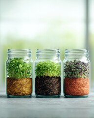 Vegan Minimalism Sustainability Concept, Vegan based minimalism sustainability with healthy plant microgreens growing glass jar windowsill