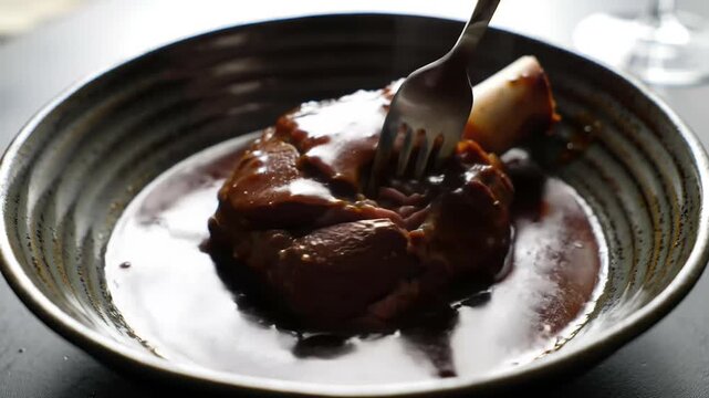 Close up shot of a fork piercing Osso buco with gravy, food, cooking, restaurant, menu, recipe