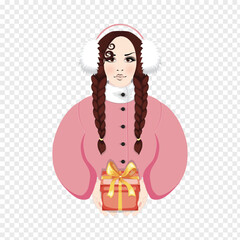 Obraz premium Brunette Woman with braids wearing pink coat and warm headphones gives away a present, isolated on transparent background, vector (EPS) illustration