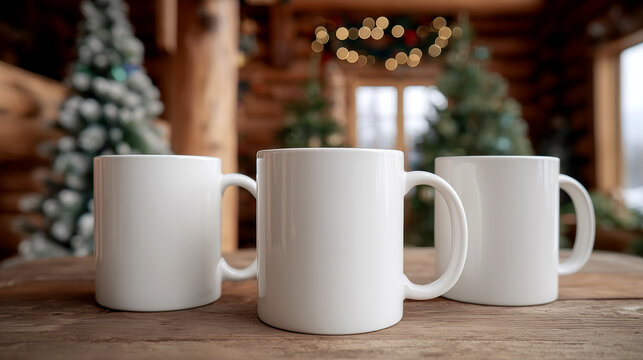 Cozy Christmas mugs set on rustic wooden table with festive background