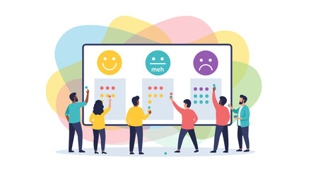 A diverse team of individuals collaboratively evaluates and measures customer satisfaction using a visual feedback system displayed on a large screen.