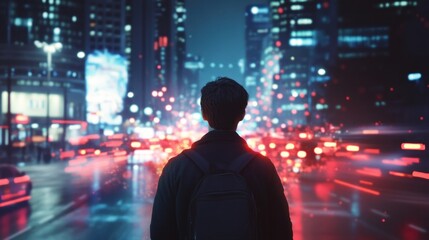 Person walking on a city street at night