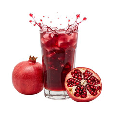 Refreshing pomegranate beverage with a splash, served with whole and halved pomegranates nearby.