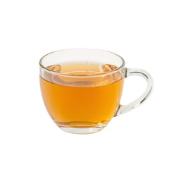 Clear glass mug filled with golden-colored beverage