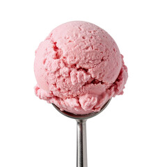 A scoop of pink ice cream rests in a metallic scoop, a frozen treat