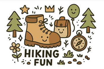 Fototapeta premium Hiking Adventure Doodle. Hiking fun illustration doodle style: hand drawn boots with smile, crown, star, balloon, backpack, trees,