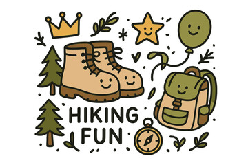 Naklejka premium Hiking Adventure Doodle. Hiking fun illustration doodle style: hand drawn boots with smile, crown, star, balloon, backpack, trees,