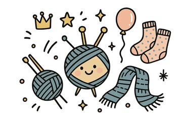 Cheerful Knitting Fun. Knitting hobby illustration doodle style: hand drawn yarn ball with smile, crown, star, balloon, needles,