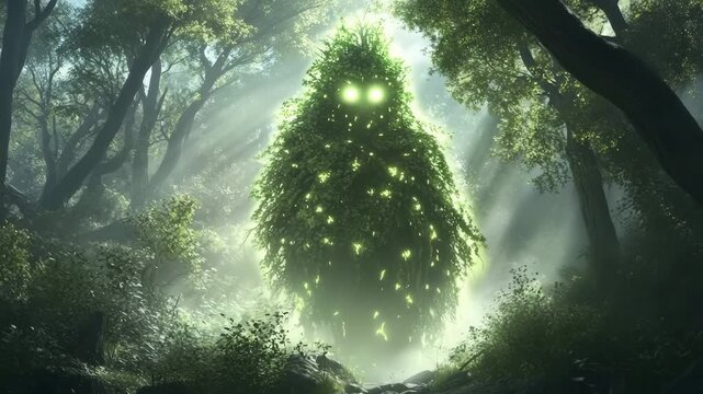 Guardian spirit shaped like a glowing tree illuminates a mystical forest at dusk