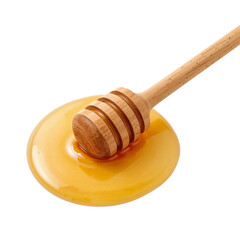 A wooden honey dipper sits in a pool of golden, sweet honey