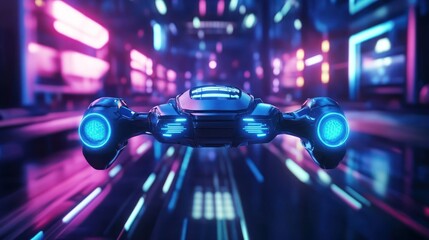 Futuristic vehicle flying through neon cityscape