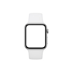 Smartwatch with silver casing and white band, screen is turned off.