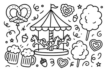 Funfair Doodle Elements. Funfair doodle vector with carousel, pretzel balloon, mugs of beer, candy floss, acorns and gingerbread
