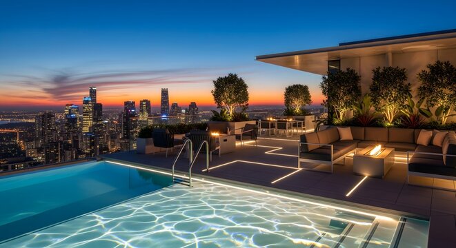 Luxurious modern rooftop pool and lounge area with stunning city skyline views at twilight, offering an exquisite urban escape and sophisticated evening relaxation