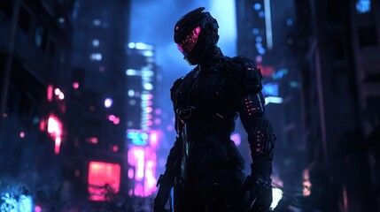 Futuristic robot character standing in a city at night