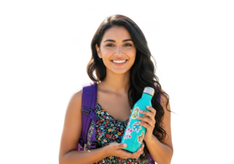 Smiling young woman holding a refreshing beverage bottle outdoors under bright sunlight isolated on transparent background