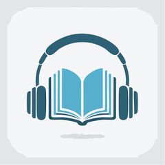 An open book with headphones over it, symbolizing audiobooks or listening to literature.