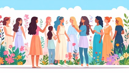 Fototapeta premium Diverse Women Group Gathering Outdoors with Flowers - Multicultural Female Community
