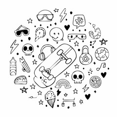 A black and white doodle art illustration featuring a skateboard surrounded by various youth culture and hobby-related objects in a circular composition.