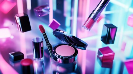 Cosmetics and makeup products levitating