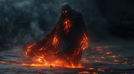 Fiery creature rising from molten lava