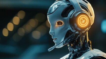 Futuristic robot with headset digital technology