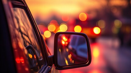 Car side mirror view of traffic lights at sunset