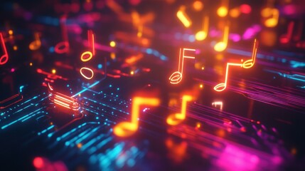 Abstract neon musical notes on dark background