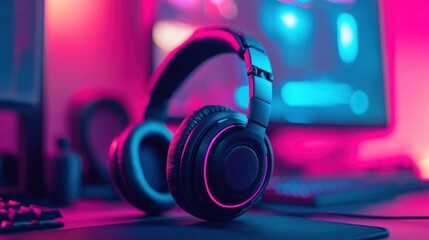 Gaming headphones on a desk with glowing lights