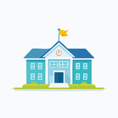 Illustration of a school building with a clock and a flag on top.