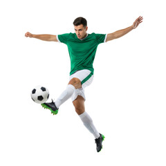 Fototapeta premium Dynamic soccer athlete executing a skillful kick on an isolated transparent field of play