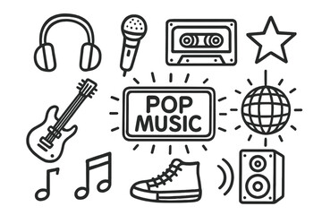 Fototapeta premium Pop Music Icons. Pop music doodle icon set: hand drawn icons of headphones, microphone, cassette, guitar, star, speaker, neon sign