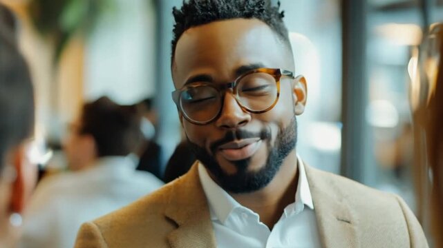 Smiling man in a cafe, conversation, blurred background, business meeting, social interaction
