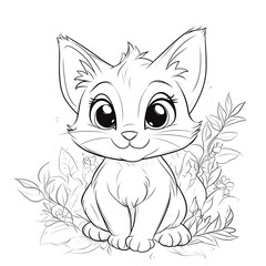 Fototapeta premium Adorable cartoon kitten with big eyes sitting amongst foliage in a simple line drawing style